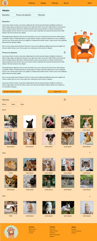 Pantalla completa con información sobre las adopciones y una lista de mascotas. Vista desde un ordenador.