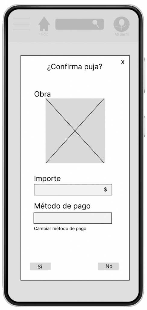 Pantalla de prototipo de baja fidelidad de confirmar puja actualizada