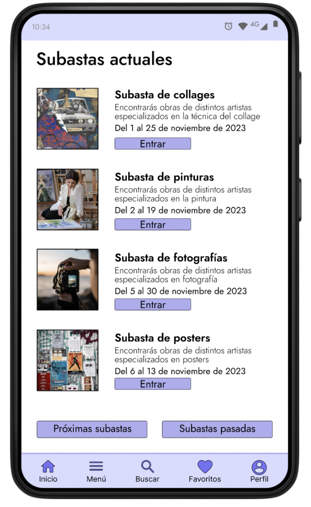 Pantalla de subastas actuales