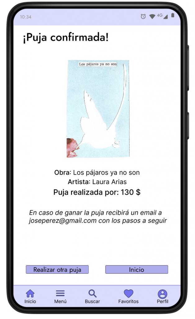 Pantalla de puja confirmada