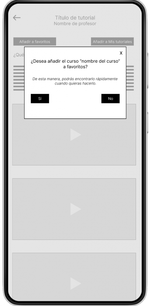 pantalla con ventana para agregar tutorial a favoritos después, con información extra..