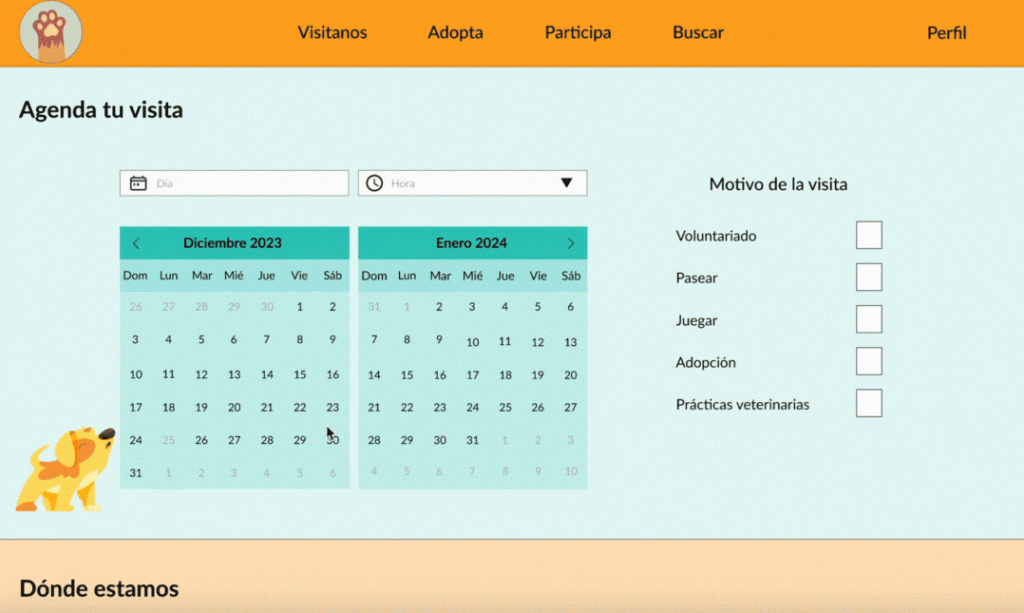 Gif en el que se puede ver el proceso para agendar una cita y la página de confirmación desde un ordenador.