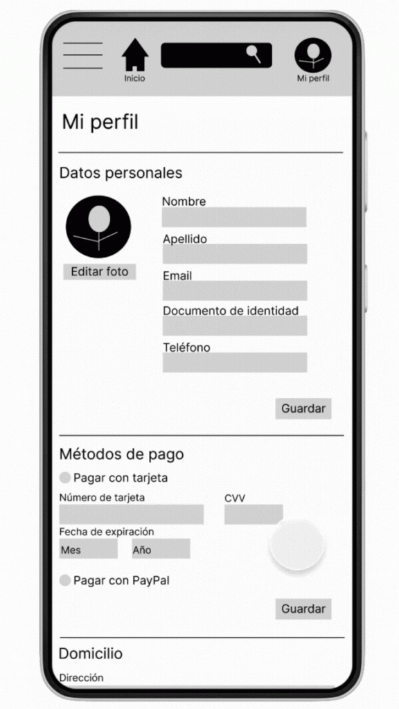 Pantalla de prototipo de baja fidelidad de mi perfil actualizada. Es un gif