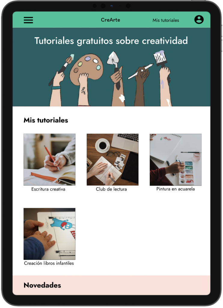 pantalla de inicio en tablet