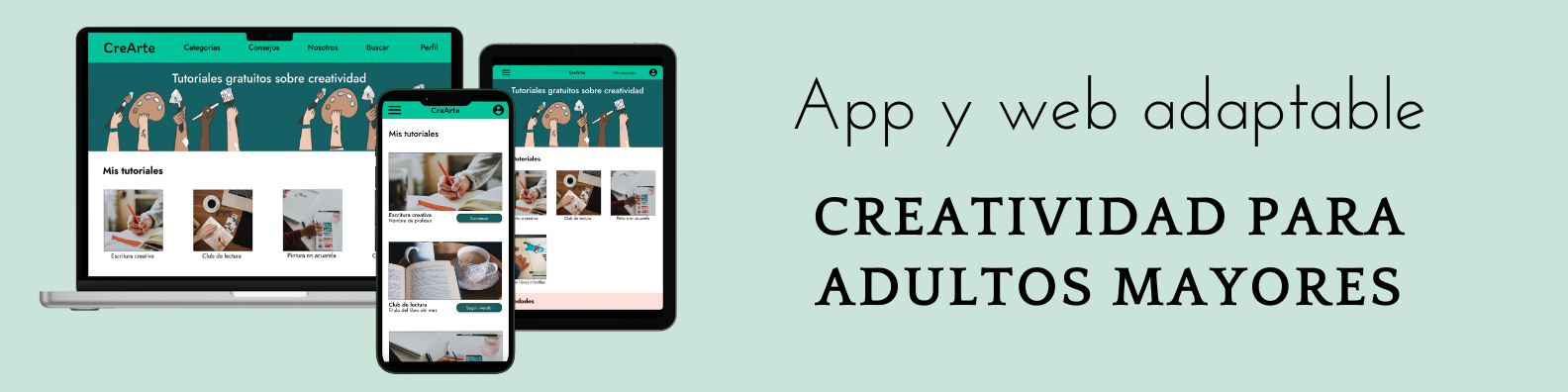 Portada de app y web adaptable sobre creatividad adultos mayores