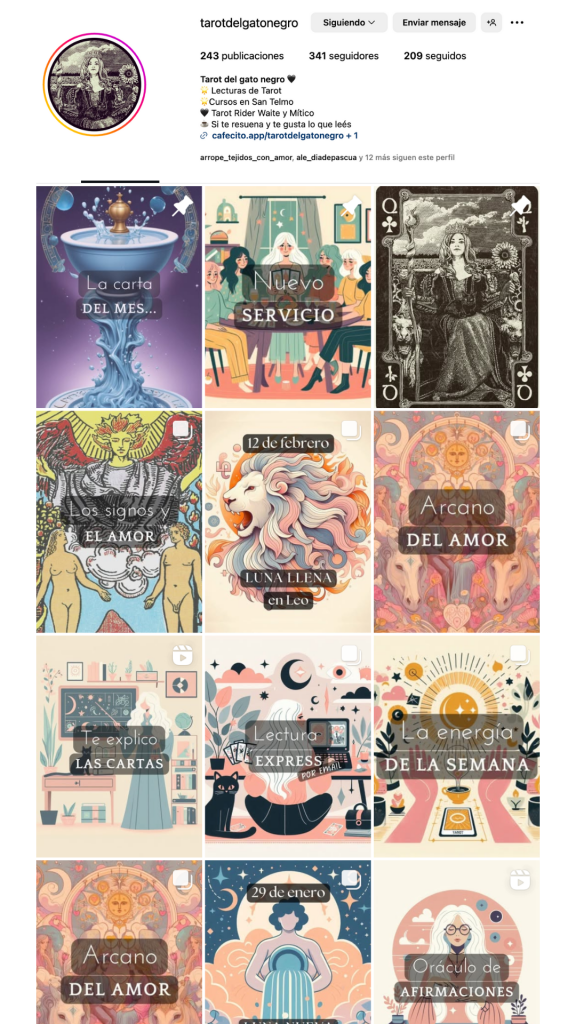 Vista del perfil de Instagram de Tarot del gato negro.