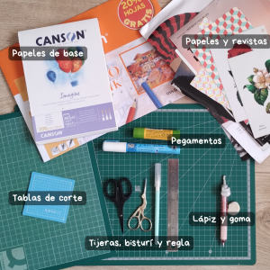 Materiales necesarios básicos para crear collages manuales, como tijeras, pegamento, papeles