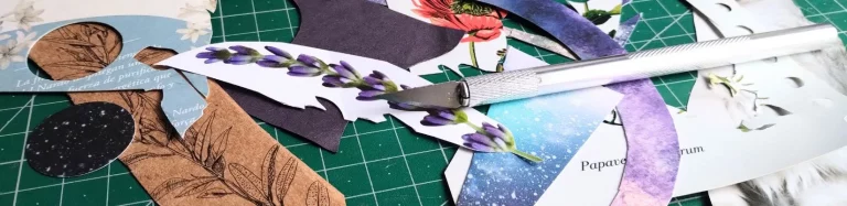 Un mat de corte, un bisturí y varios recortes de colores para hacer collage