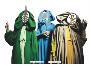 Collage de tres mujeres que tiene hojas o flores como cabezas