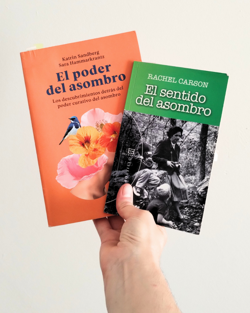 Mano que sostiene los libros "El poder del asombro" y "El sentido del asombro" frente a una pared blanca